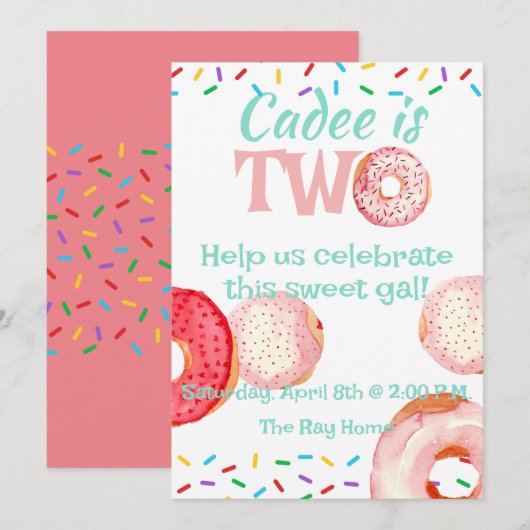 Invitation Thème Donut 2ème anniversaire (Devant / Derrière)