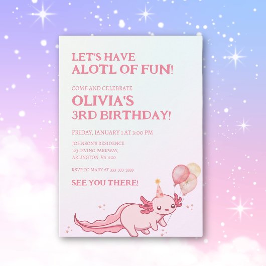 Invitation Thème doux axolotl rose pour l'anniversaire des en