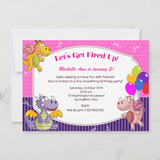 Invitation Thème du dragon pour l'anniversaire des filles (Devant)