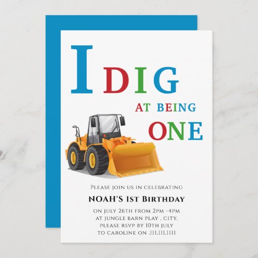 Invitation Thème du premier digger d'anniversaire (Devant / Derrière)