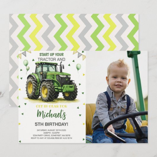 Invitation Thème du Tracteur vert Anniversaire de la fête Pho (Devant / Derrière)