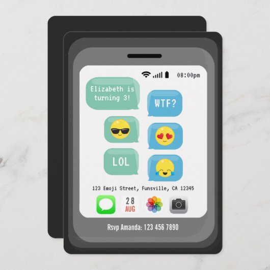 Invitation Thème Emoji Fête d'Anniversaire (Devant / Derrière)