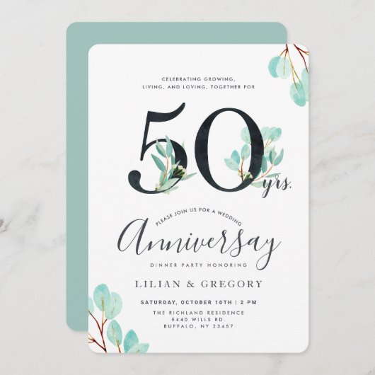 Invitation Thème Eucalyptus 50e Anniversaire de Croissance En (Devant / Derrière)