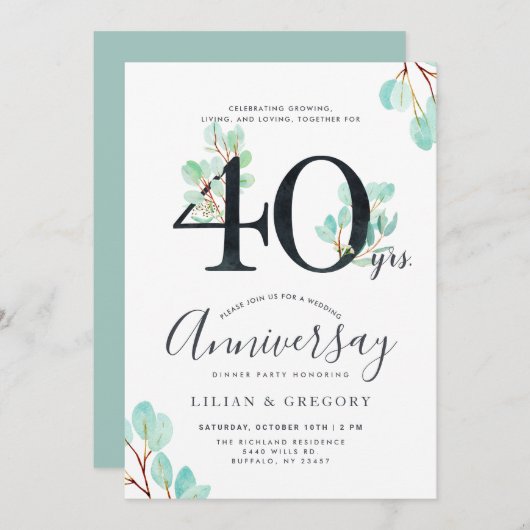 Invitation Thème Eucalyptus pour le 40e Anniversaire de Crois (Devant / Derrière)