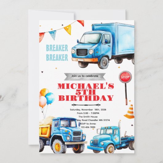 Invitation thème fête d'anniversaire camions (Devant)