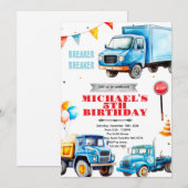Invitation thème fête d'anniversaire camions (Devant / Derrière)