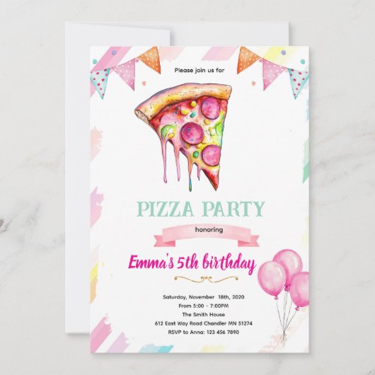 Invitation thème fête fille pizza (Devant)