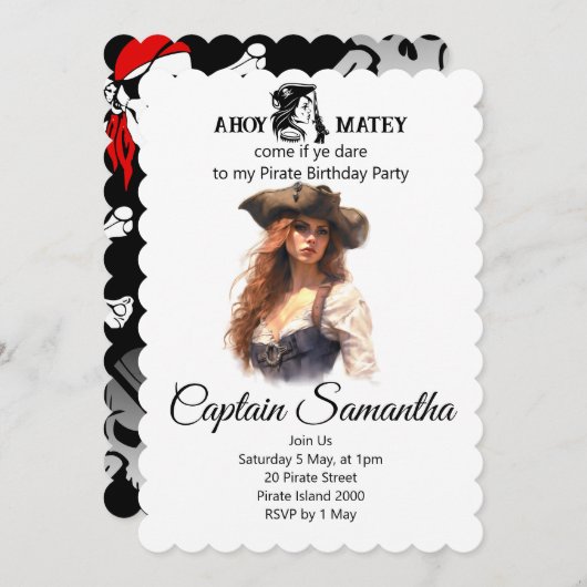 Invitation thème Fille Pirate de la Fête (Devant / Derrière)