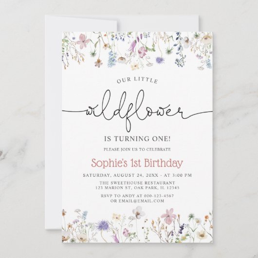 Invitation Thème fleur sauvage Baby Girl 1er anniversaire (Devant)