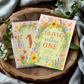 Invitation Thème fleur sauvage Fille 1er anniversaire, 1er an