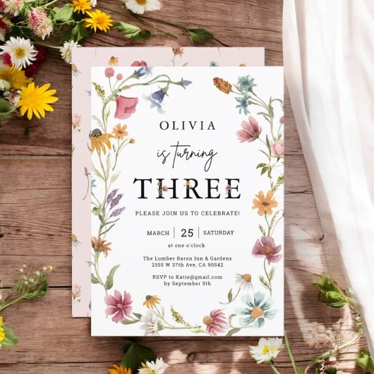 Invitation Thème fleur sauvage Fille 3ème anniversaire Invita
