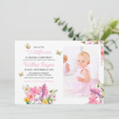 Invitation Thème Fleur sauvage rose Fille d'anniversaire (Debout devant)