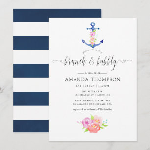 Invitation Thème floral nautique aquarelle Brunch et bulles