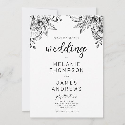 Invitation Thème floral simple noir et blanc pour mariage (Devant)