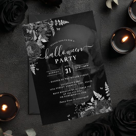Invitation Thème foncé Crâne Floral Halloween Party