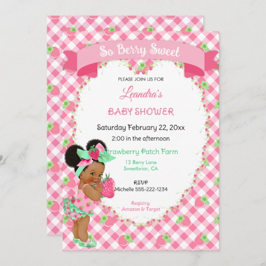 Invitation Thème fraise Bébé fille En vichy Monnaie rose (Devant / Derrière)
