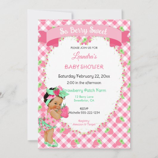 Invitation Thème fraise Bébé fille En vichy Monnaie rose (Devant)