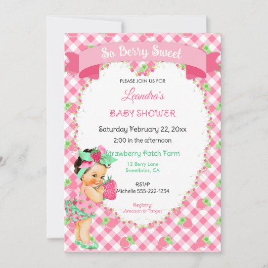 Invitation Thème Fraise Bébé Fille Gingham Rose Menthe (Devant)