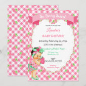 Invitation Thème Fraise Bébé Fille Gingham Rose Menthe (Devant / Derrière)