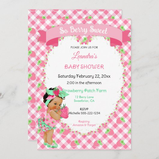 Invitation Thème Fraise Bébé Fille Gingham Rose Menthe (Devant / Derrière)
