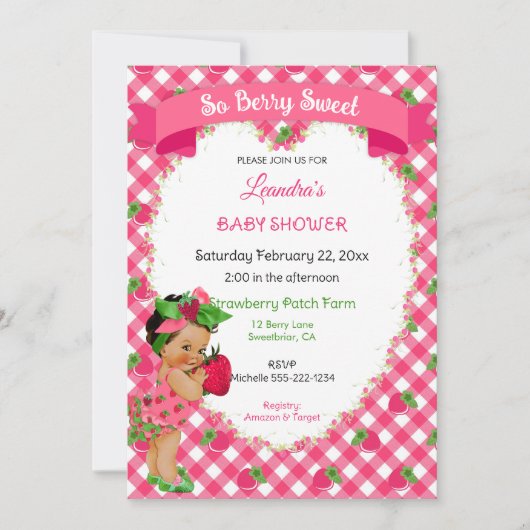 Invitation Thème Fraise Bébé Fille Gingham Rose Vert (Devant)