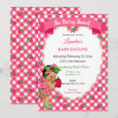 Invitation Thème Fraise Bébé Fille Gingham Rose Vert (Devant / Derrière)