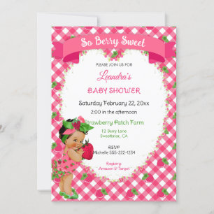 Invitation Thème Fraise Bébé Fille Gingham Rose Vert 