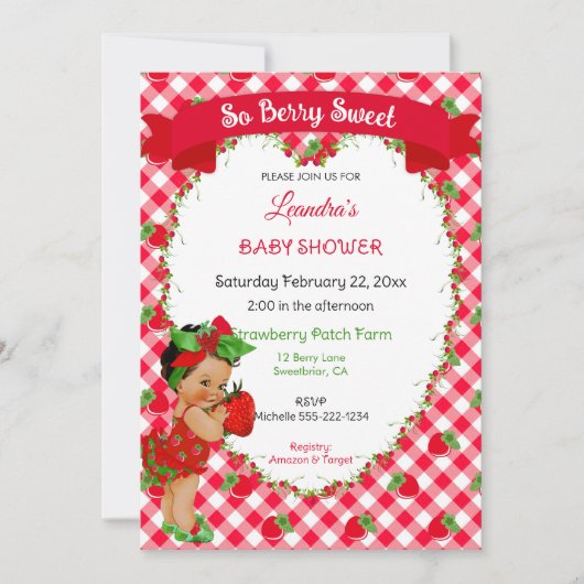 Invitation Thème Fraise Bébé Fille Gingham Rouge Vert (Devant)