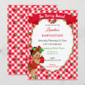 Invitation Thème Fraise Bébé Fille Gingham Rouge Vert (Devant / Derrière)