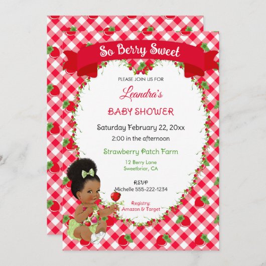 Invitation Thème Fraise Bébé Fille Gingham Rouge Vert  (Devant / Derrière)
