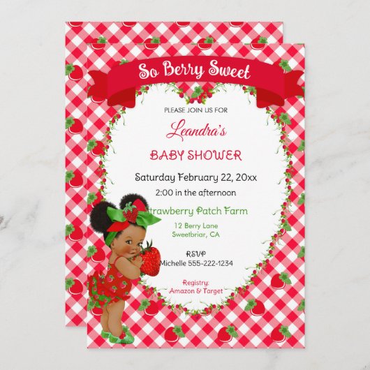 Invitation Thème Fraise Bébé Fille Gingham Rouge Vert (Devant / Derrière)