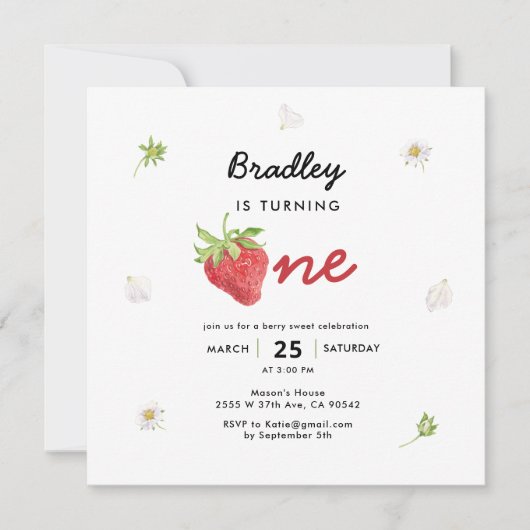 Invitation Thème fraise Berry Premier Carré d'anniversaire (Devant)