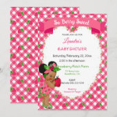 Invitation Thème Fraise Fille Gingham Rose Vert  (Devant / Derrière)