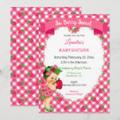 Invitation Thème Fraise Fille Gingham Rose Vert  (Devant / Derrière)