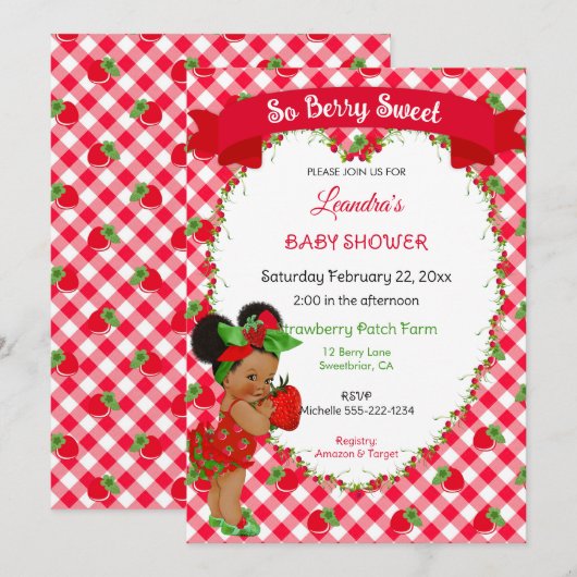 Invitation Thème Fraise Fille Gingham Rouge Vert  (Devant / Derrière)