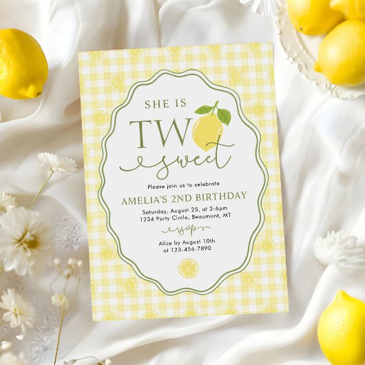 Invitation Thème gingham citron anniversaire 2 ans