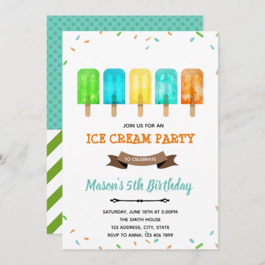 Invitation thème glace popsicle garçon (Devant / Derrière)