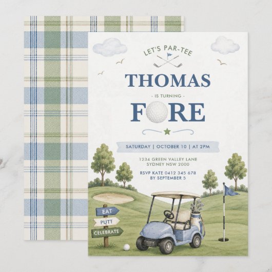 Invitation Thème golfique garçon 4e anniversaire (Devant / Derrière)