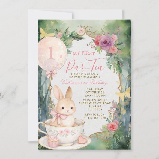 Invitation Thème Lapin Fête de Thé Premier Anniversaire Fleur (Devant)