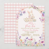 Invitation Thème Lapin Floral Goûter d'Anniversaire Rose Ging (Devant / Derrière)