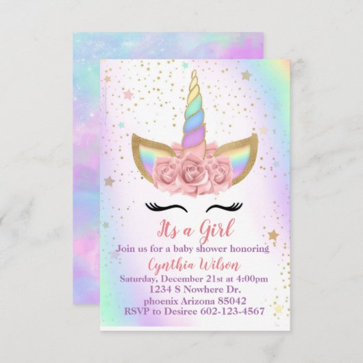 Invitation Thème Licorne (Devant / Derrière)