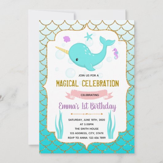 Invitation thème licorne de mer sarcelle mignonne (Devant)