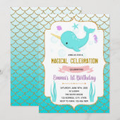 Invitation thème licorne de mer sarcelle mignonne (Devant / Derrière)