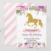 Invitation thème licorne fleurs violettes à une fê (Devant / Derrière)