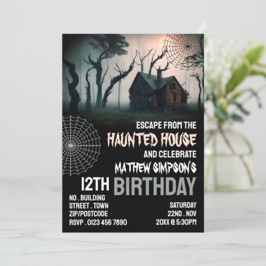 Invitation Thème Maison hantée, Salle d'évasion, Anniversaire (Debout devant)