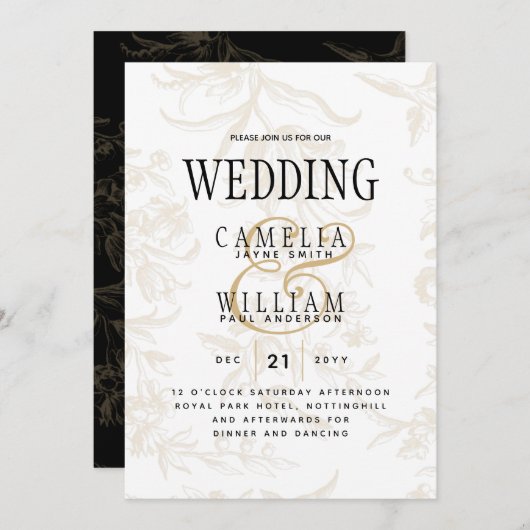 Invitation Thème Mariage Cravate noire Vintage Gold Damask (Devant / Derrière)