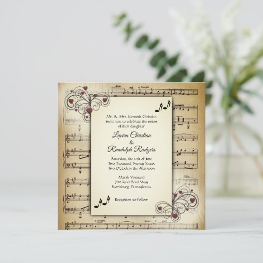Invitation Thème Mariage de musique Hearts and Antique Sheet (Debout devant)