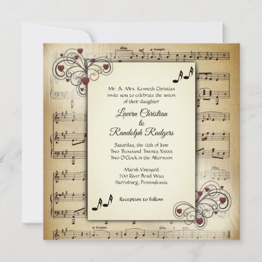 Invitation Thème Mariage de musique Hearts and Antique Sheet (Devant)