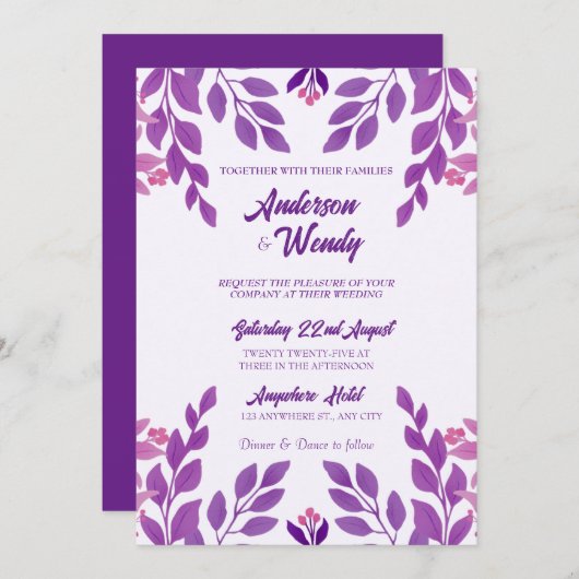 Invitation Thème Mariage Feuille violet (Devant / Derrière)