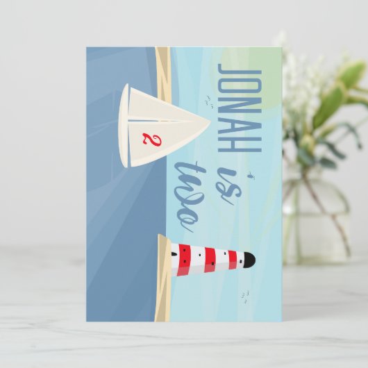 Invitation Thème marin, bateau, phare, fête d'anniversaire bl (Debout devant)